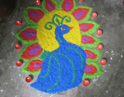 Rangoli: Peacock with lamps