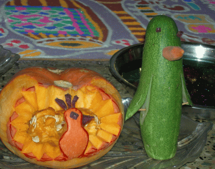 Rangoli: Vegetable carving - Cucumber and Pumpkin