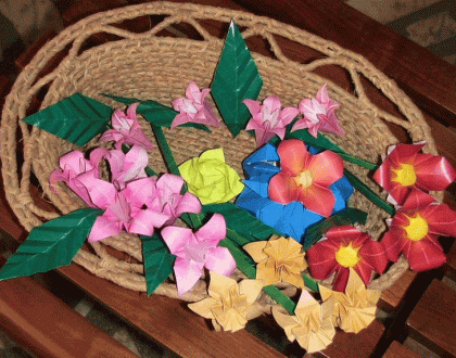 Origami flowers and grass basket