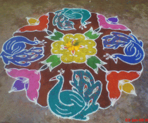 Rangoli: Blue birds - Peahens