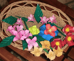 Rangoli: Origami flowers and grass basket