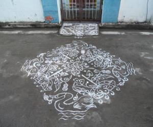 Rangoli: Swan & Rose Kolam in White.