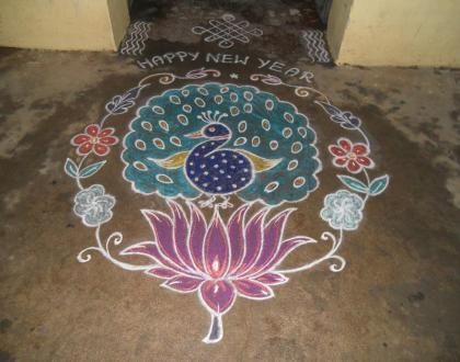 Rangoli: Happy New Year-Peacock on lotus rangoli