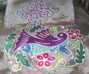 An imagination, Sparrow on fish kolam.