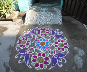 Rangoli: Sunflower in pink & green, Kolam.