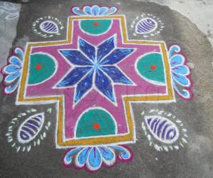 Rangoli: Colourful padi kolam.