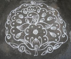 A dancing peacock kolam.