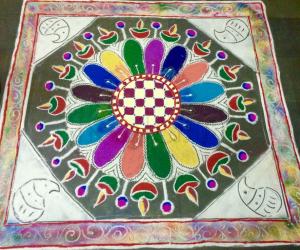 Diwali kolam with colourful lamp