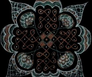Rangoli: Chikku kolam with 9 dots 3 lines, 5 dots 1line, 3dots 2 lines.