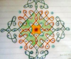 Rangoli: Chikku kolam with 13-1 straight dots.