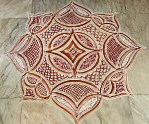 Rangoli: Day 1 Navarathiri Padi kolam with Kavi, Kolamavu and red rangoli powder. 