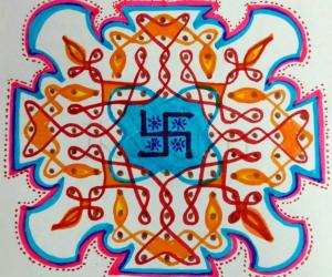 Chikku kolam with 13 dots 3 lines till 3 straight dots. 