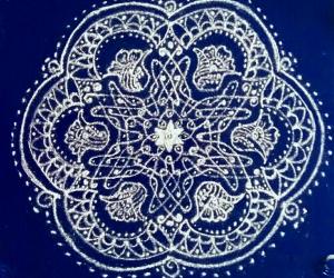 Rangoli: Margazhi Day  20 Kolam - Butterfly Chikku with flowers.  DOT COUNT - 15-8 interlaced dots 