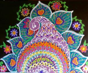 Rangoli: HOLI SPECIAL RANGOLI - Peacock with Flowers. 