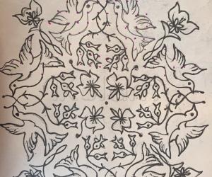 Rangoli: flying crane with fishes