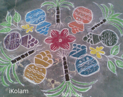 Rangoli: Pongal pots and sugarcanes