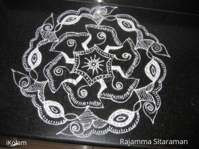 Rangoli: Black and white kitchen top kolam. Rangoli: Black and white kitchen top kolam.