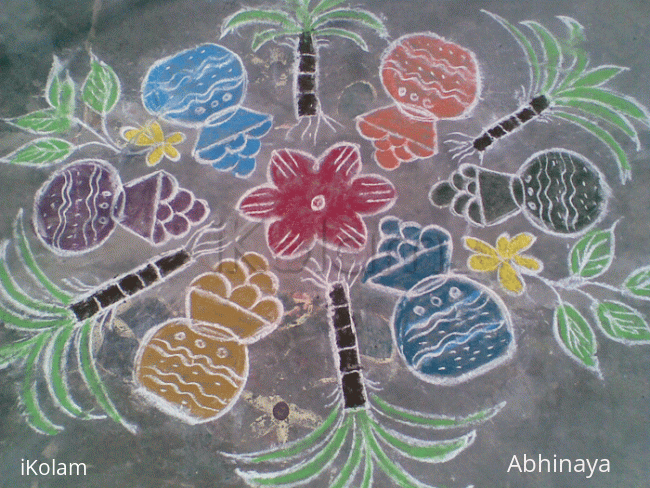 Rangoli: Pongal pots and sugarcanes
