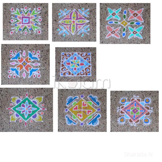 Rangoli: Collage of colored 7x7 dot kolams Rangoli: Collage of colored 7x7 dot kolams