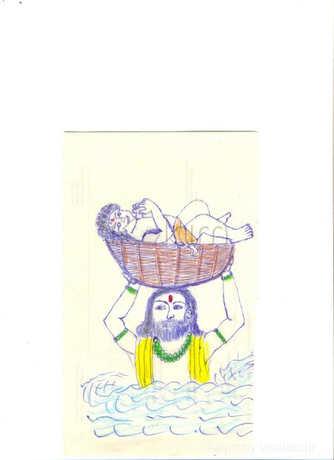 Rangoli: Baby krishna lying on the basket Rangoli: Baby krishna lying on the basket