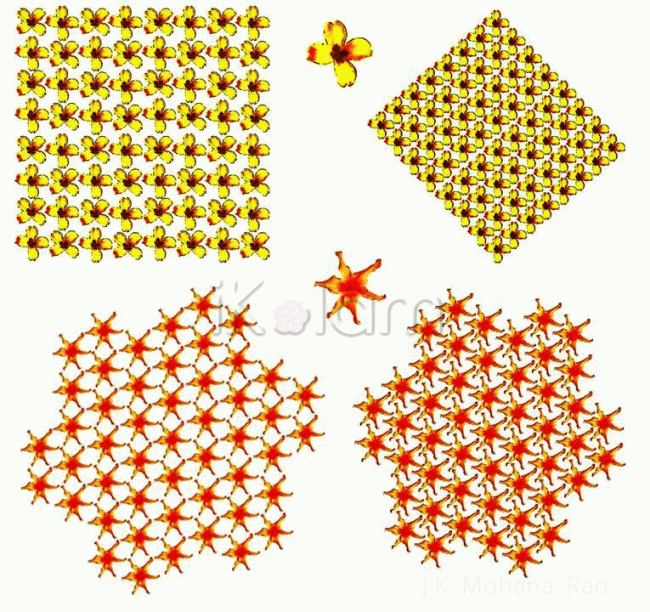 Rangoli: Patterns with flowers of four and six petals Rangoli: Patterns with flowers of four and six petals