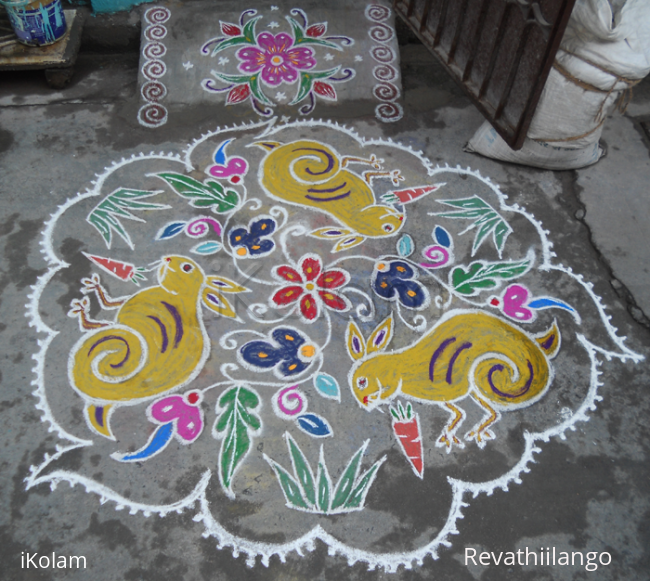 Rangoli: Rabbits with carrots rangoli