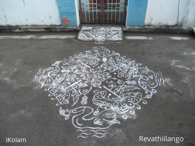 Rangoli: Swan & Rose Kolam in White.