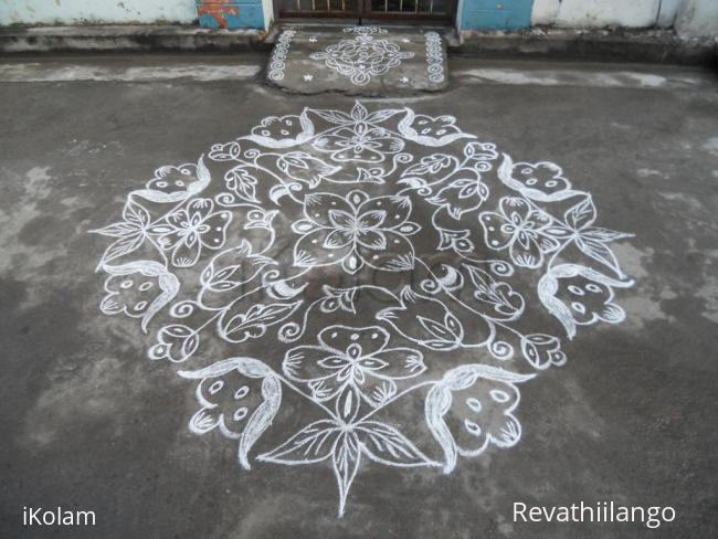 Rangoli: kolam in white. Flowers & leaves. Rangoli: kolam in white. Flowers & leaves.