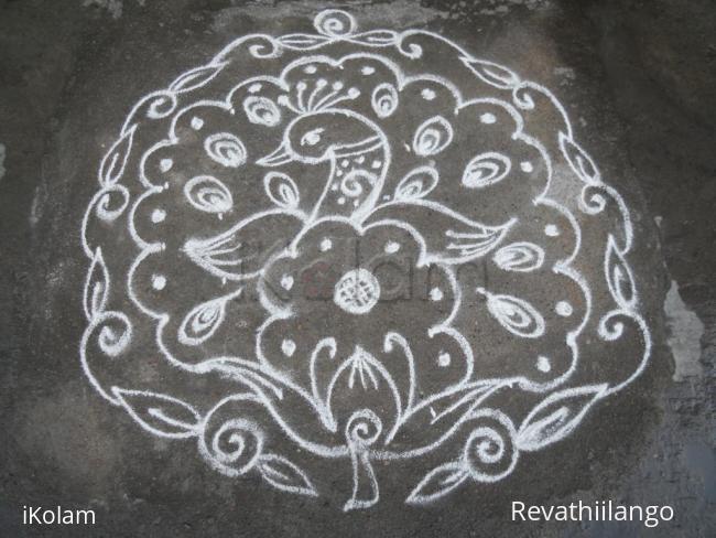 Rangoli: A dancing peacock kolam.