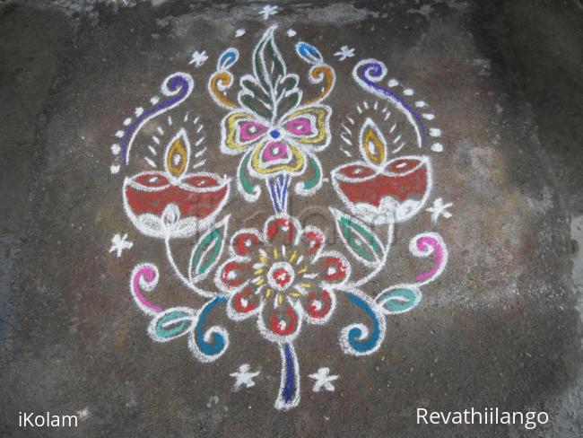 Rangoli: Rev's deepam & flowers kolam. Rangoli: Rev's deepam & flowers kolam.