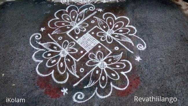 Rangoli: Rev's daily kolam,white swastik designed. Rangoli: Rev's daily kolam,white swastik designed.