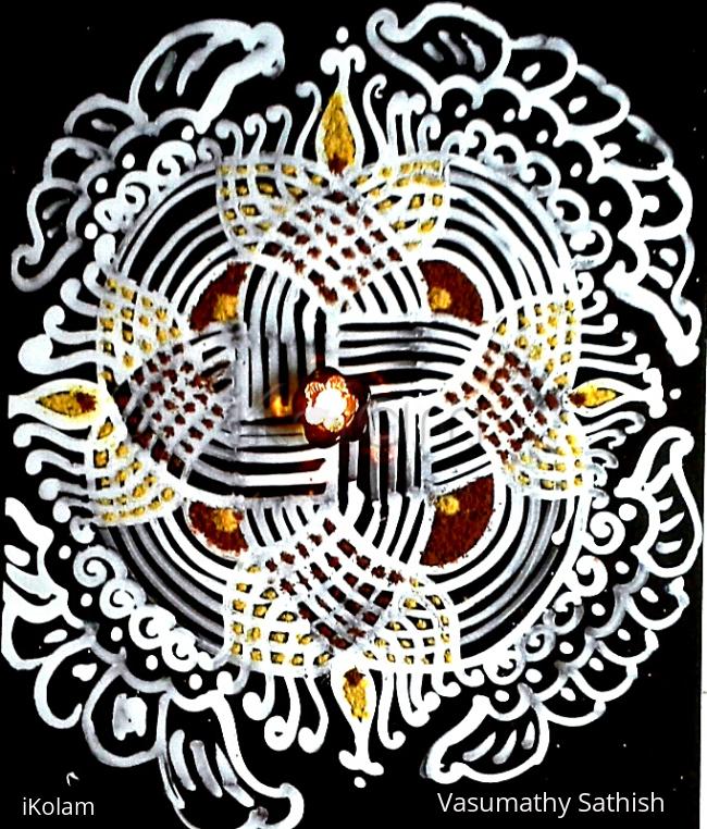 Rangoli: Padi kolam with rice batter in my pooja slab with diya Rangoli: Padi kolam with rice batter in my pooja slab with diya