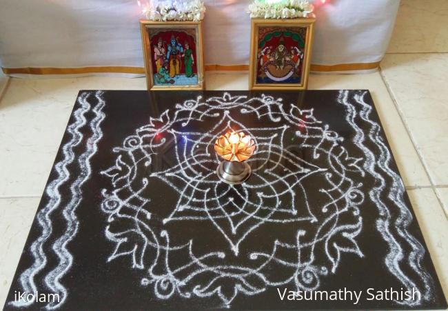 Rangoli: Navarathiri Day 3 Hridaya Kamalam in White Rangoli Powder. Rangoli: Navarathiri Day 3 Hridaya Kamalam in White Rangoli Powder.