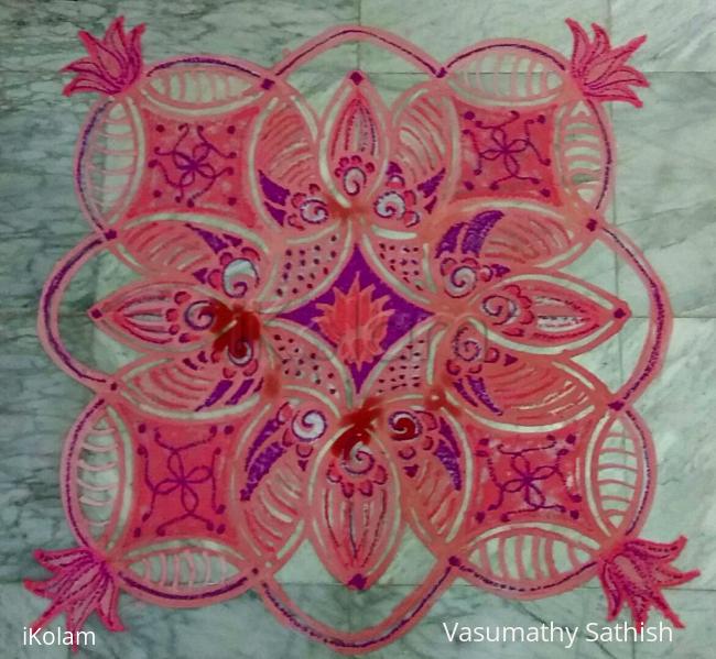 Rangoli: Day 8 Navarathiri Padi Kolam with rice batter mixed with red liquid food colour n pink rangoli colours Rangoli: Day 8 Navarathiri Padi Kolam with rice batter mixed with red liquid food colour n pink rangoli colours