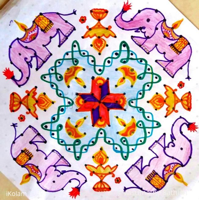 Rangoli: Gaja deepam rangoli for Karthigai with 19×5; till 5 Straight dots. Rangoli: Gaja deepam rangoli for Karthigai with 19×5; till 5 Straight dots.