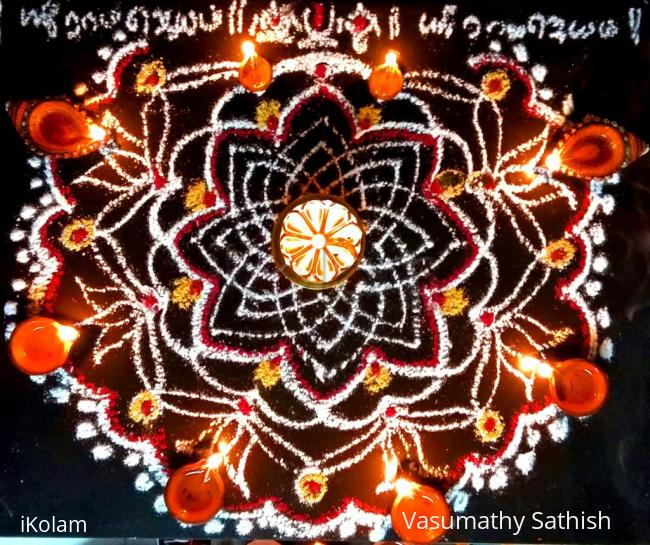 Rangoli: Hridaya Kamalam with Diyas for Karthigai in pooja slab Rangoli: Hridaya Kamalam with Diyas for Karthigai in pooja slab