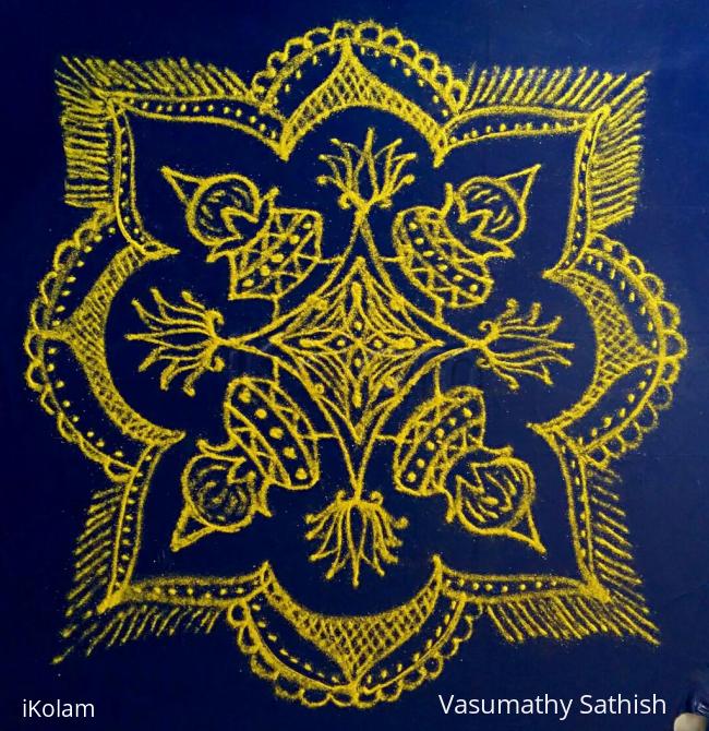 Rangoli: Happy Bhogi to all.  Margazhi Day 29 Kolam - A freehand Padi kolam design with yellow colour on  blue plastic cover. 
