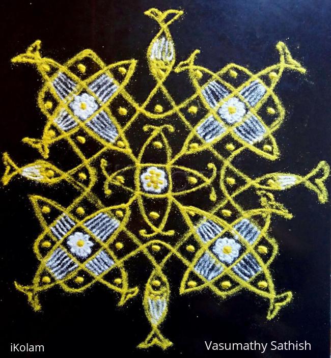Rangoli: Beginner's Chikku Fish Kolam with 7-7 straight dots 
