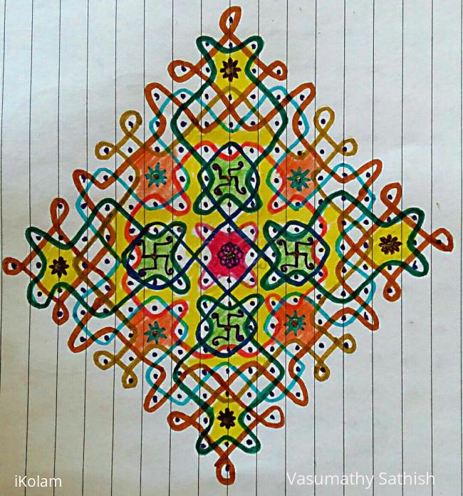 Rangoli: Chikku Kolam with 19-1 straight dots paper version of my previous  floor kolam
