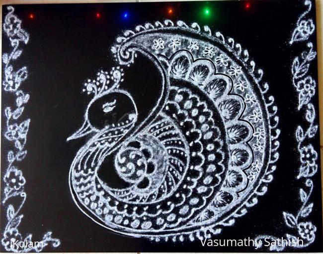 Rangoli: White Peacock Rangoli for Saraswathi Pooja